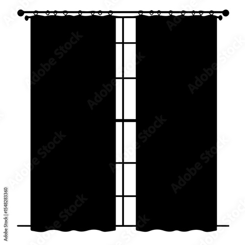 Black curtains hanging on window. Elegant black drapes for home decor. Stylish black curtains for interior design projects.  Use these curtains for your window mockup, website template,