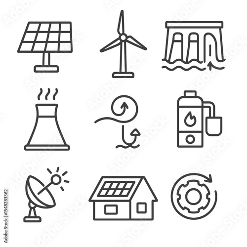 Renewable Energy Icons. Line style icons of renewable energy sources: solar panel array, wind turbine, hydroelectric dam,