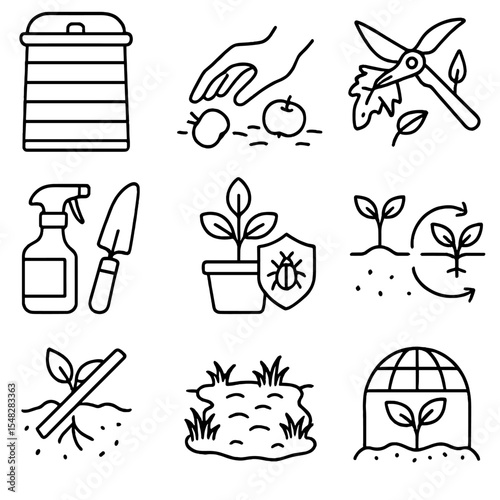 Garden Pest Icons. Line style icons of garden pest prevention strategies: sealed compost bin, cleaned up fallen fruit, pruned