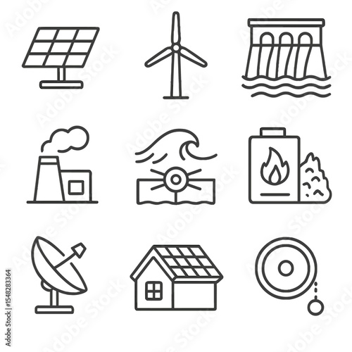 Renewable Energy Icons. Line style icons of renewable energy sources: solar panel array, wind turbine, hydroelectric dam,