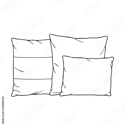 Three decorative pillows of different sizes. Pillow set includes large, medium and small cushions. Stylish pillow arrangement for home decor and interior design projects.