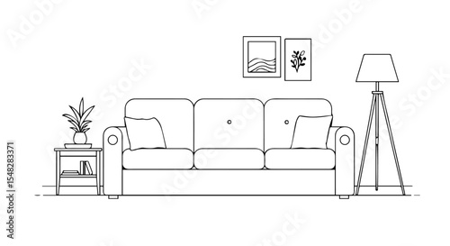 Cozy living room interior design with sofa, side table, floor lamp, and wall art. Comfortable living room features three-seater sofa, small side table with plant and books, stylish tripod floor lamp,