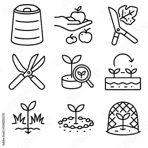 Garden Pest Icons. Line style icons of garden pest prevention strategies: sealed compost bin, cleaned up fallen fruit, pruned