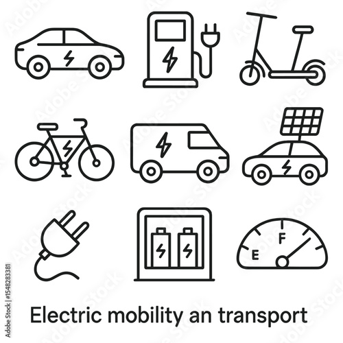 Electric Mobility Icons. Line style icons of electric mobility and transport: electric car, EV charging station, e-scooter, e-bike