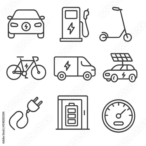 Electric Mobility Icons. Line style icons of electric mobility and transport: electric car, EV charging station, e-scooter, e-bike
