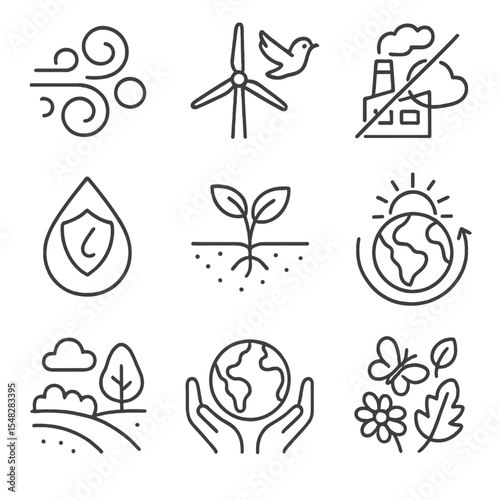 Clean Energy Icons. Line style icons of environmental benefits from clean energy: clean air icon, wildlife-friendly turbine,