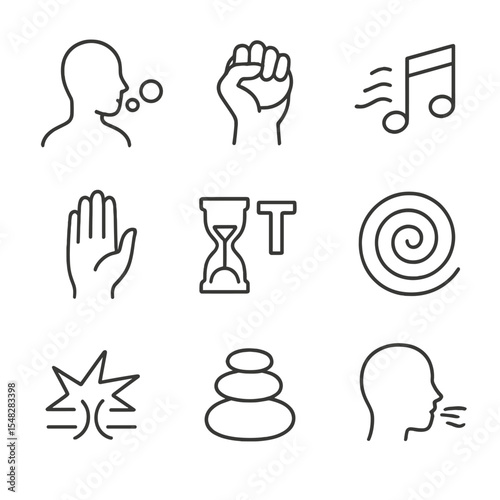 Stress Management Icons. Line style icons of stress management techniques: bubble breathing, stress ball icon, soothing sounds