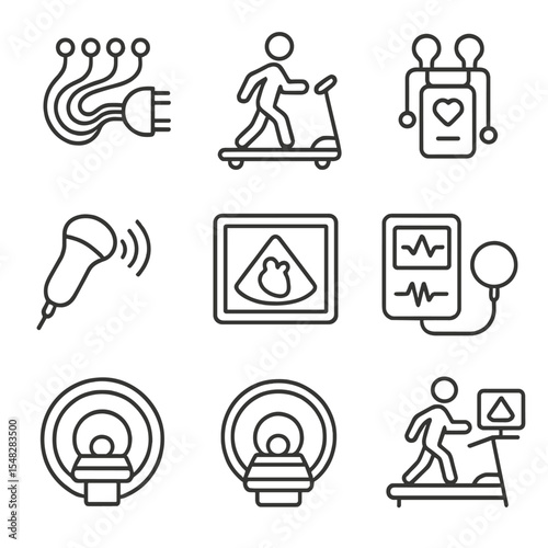 Cardiac Diagnostic Icons. Line style icons of diagnostic cardiovascular tools: 12-lead ECG cable, treadmill stress test, Holter
