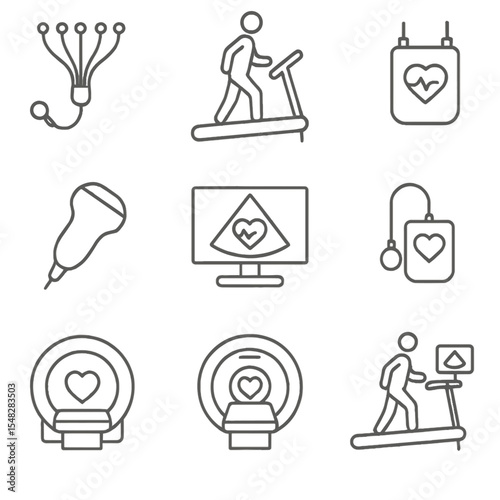 Cardiac Diagnostic Icons. Line style icons of diagnostic cardiovascular tools: 12-lead ECG cable, treadmill stress test, Holter