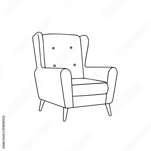Comfortable armchair with upholstered seat and backrest. Stylish armchair design features button tufting and mid-century modern legs.