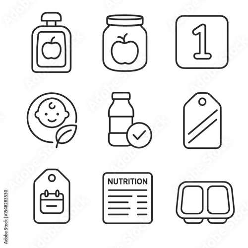 Baby Food Icons. Line style icons of baby food brands and packaging: labeled pouch, glass food jar, stage 1 food label, organic