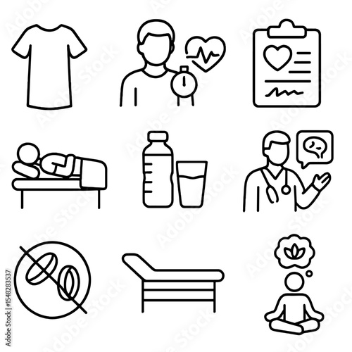 Cardiovascular Prep Icons. Line style icons of cardiovascular patient prep: gown for exam, vitals before procedure, consent form