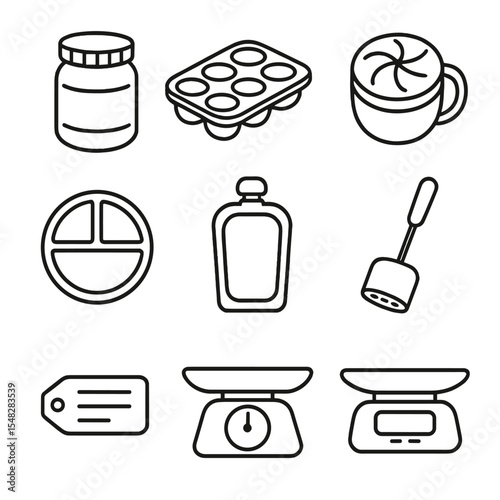 Baby Food Tools Icons. Line style icons of baby food containers and tools: food storage jar, baby food freezer tray, travel snack