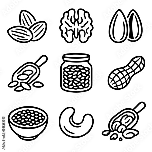 Nuts and Seeds Icons. Line style icons of nuts and seeds as protein: almond pile, walnut half, sunflower seeds, pumpkin seed scoop