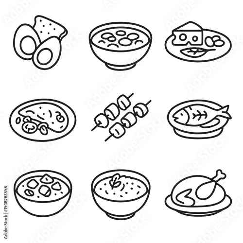 Protein-Rich Dishes Icons. Line style icons of traditional high-protein dishes: boiled egg and toast, bean stew, cheese and nuts