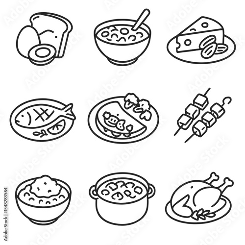 Protein-Rich Dishes Icons. Line style icons of traditional high-protein dishes: boiled egg and toast, bean stew, cheese and nuts