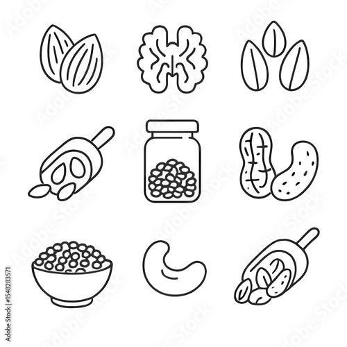 Nuts and Seeds Icons. Line style icons of nuts and seeds as protein: almond pile, walnut half, sunflower seeds, pumpkin seed scoop