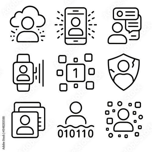 Digital Data Overload. Line style icons of personal data overload: user profile data cloud, mobile data burst, social media