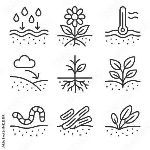 Icons of Mulching Benefits. Line style icons of mulching benefits: moisture retention symbol, weed suppression icon, soil