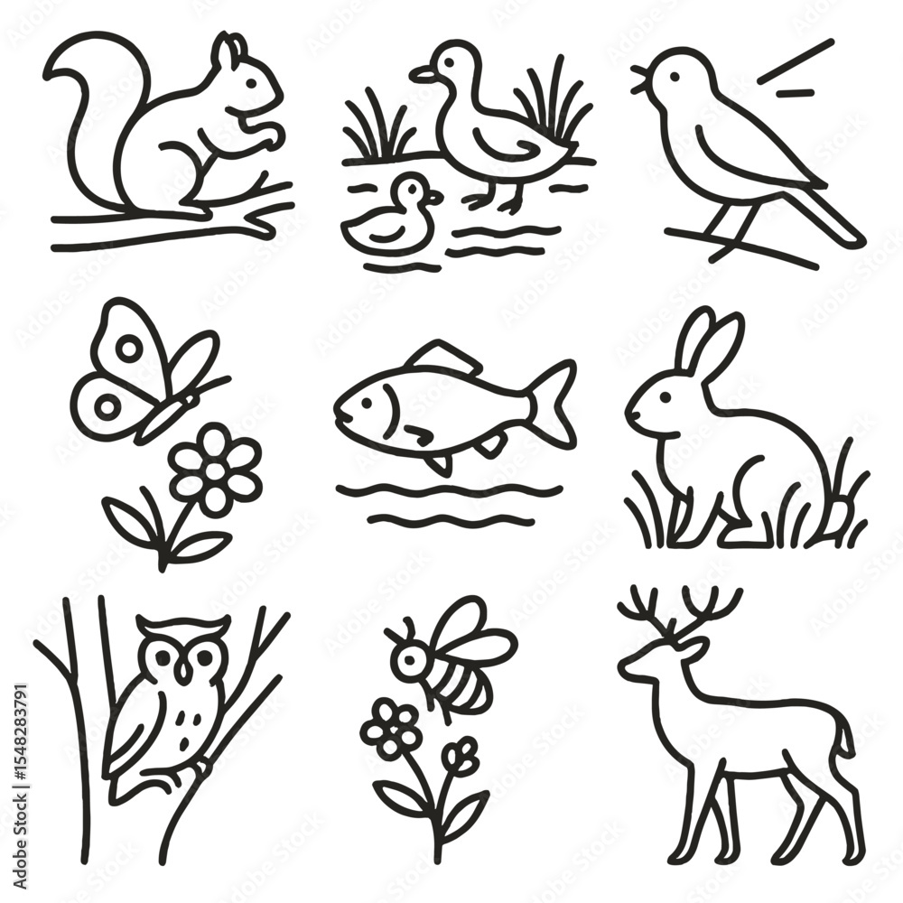 Fototapeta premium Park Wildlife Icons. Line style icons of park wildlife: squirrel on branch, ducks near pond, singing bird, butterfly above flower,