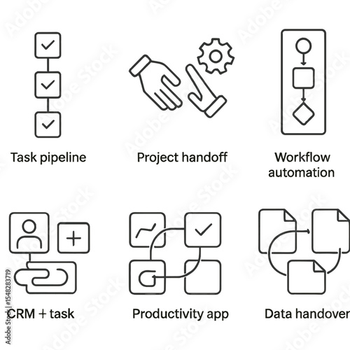 Workflow Integration Icons. Line style icons of workflow integration: task pipeline, project handoff icon, toolchain connection,