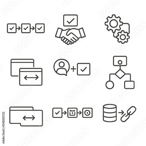 Workflow Integration Icons. Line style icons of workflow integration: task pipeline, project handoff icon, toolchain connection,