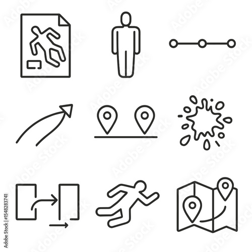 Crime Scene Icons. Line style icons of crime scene reconstruction: crime sketch, mannequin icon, timeline of events, object