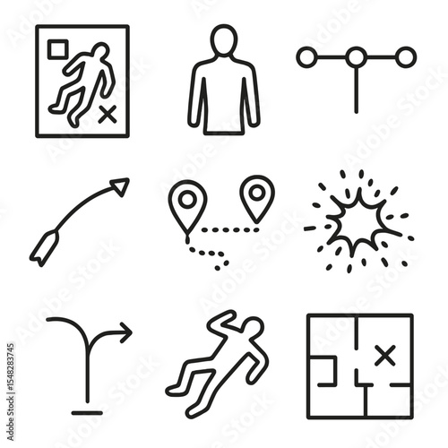Crime Scene Icons. Line style icons of crime scene reconstruction: crime sketch, mannequin icon, timeline of events, object