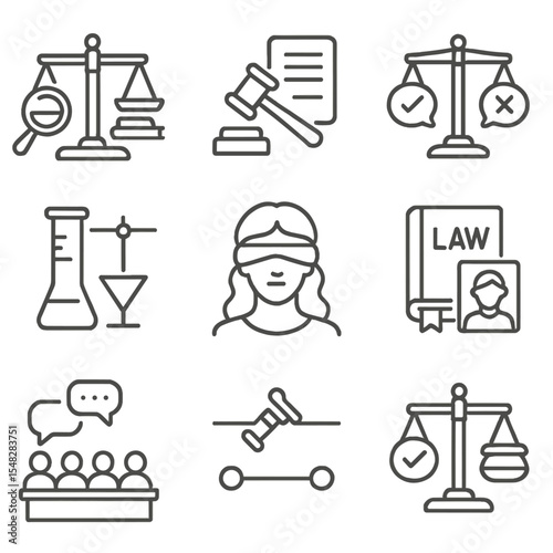 Judicial Icons Set. Line style icons of judicial decision-making: scales with evidence icon, gavel and document, balanced argument