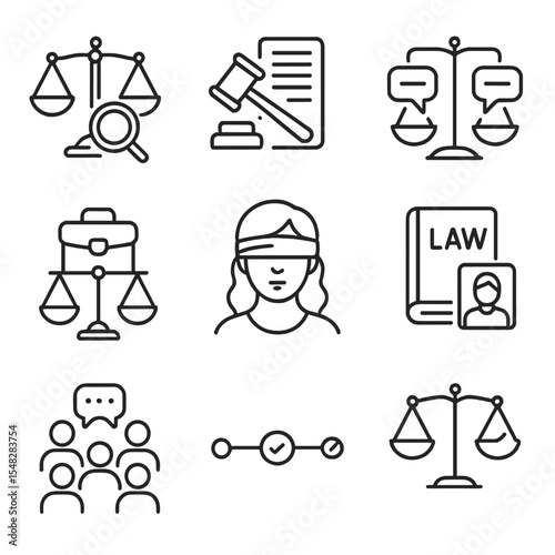 Judicial Icons Set. Line style icons of judicial decision-making: scales with evidence icon, gavel and document, balanced argument