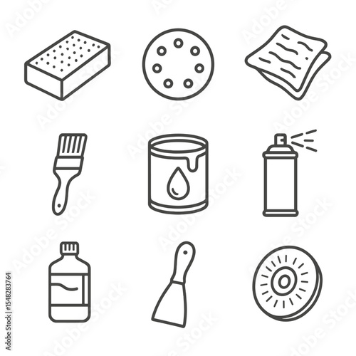 Sanding & Finishing Tools. Line style icons of sanding and finishing tools: sanding sponge, sanding disc, tack cloth, varnish