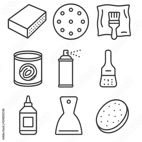 Sanding & Finishing Tools. Line style icons of sanding and finishing tools: sanding sponge, sanding disc, tack cloth, varnish