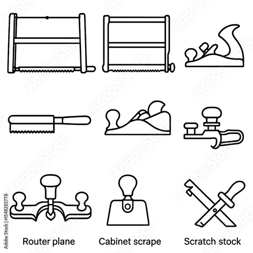 Woodworking Tool Icons. Line style icons of specialty woodworking tools: bow saw, frame saw, veneer saw, shoulder plane, bullnose
