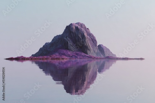 an abstract, unique landscape. Lone mountain in the middle of nowhere. Violet rock reflected in calm water over the pale background