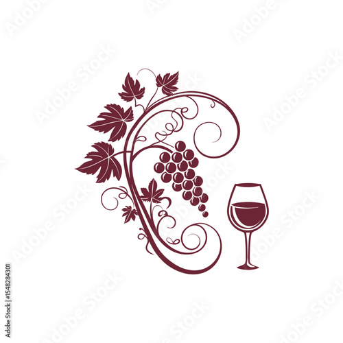 Elegant maroon grapevine illustration with wine glass, perfect for wine labels or restaurant menus.