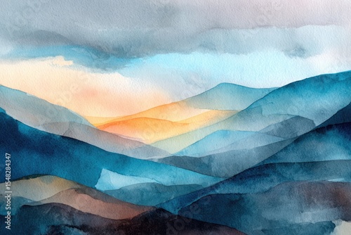 Abstract Watercolor Mountain Landscape with Blue and Orange Hues