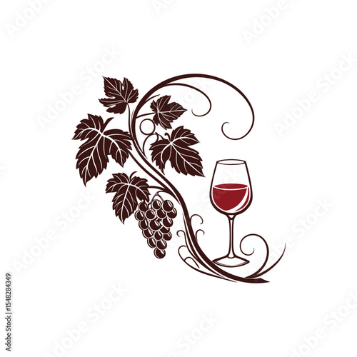 Elegant wine glass with red wine and grapevine illustration