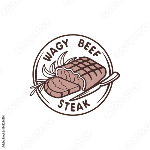 Wagyu beef steak logo design, sliced grilled meat illustration, restaurant menu graphic