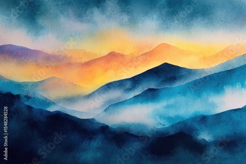 Abstract Watercolor Mountain Landscape with Blue and Orange Hues