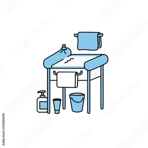 Baby changing station with supplies.