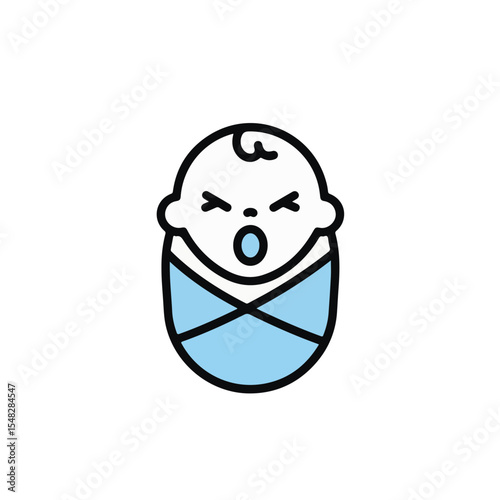 Adorable baby wrapped in a blue swaddle, mid-yawn or cry.