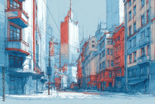 City Street Sketch in Blue and Red Tones