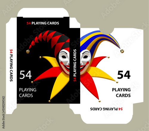 Playing cards tuck box template with colorful 3D Joker head on black and white background. Vector illustration