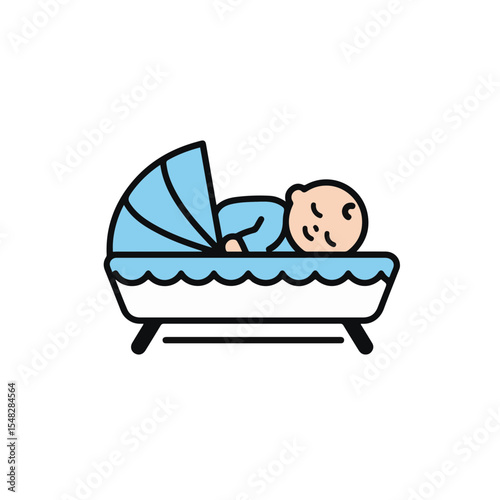 Sleeping baby in a cradle.