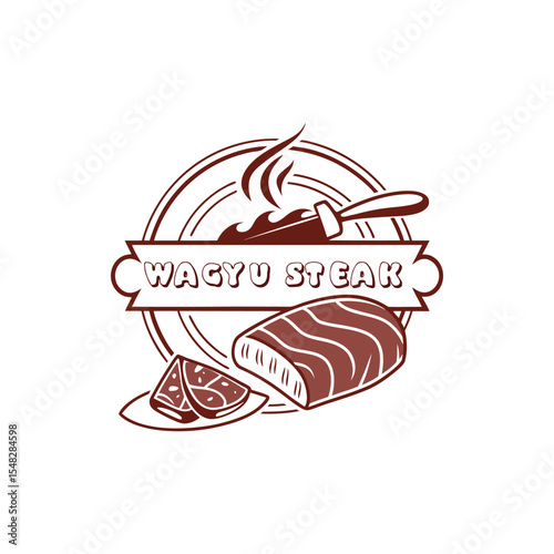 Wagyu Steak Logo Design:  Brown Marbled Meat, Knife, and Flames