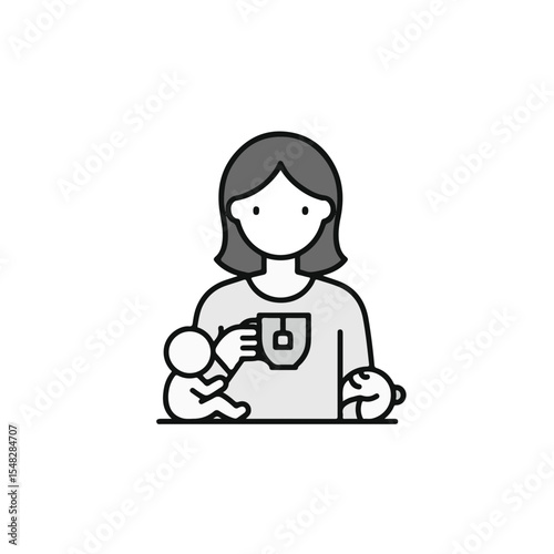 A mother enjoying a peaceful moment while drinking tea and caring for her children.
