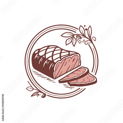 Roasted meat sliced illustration, brown color palette,  circular frame,  floral design, food logo concept