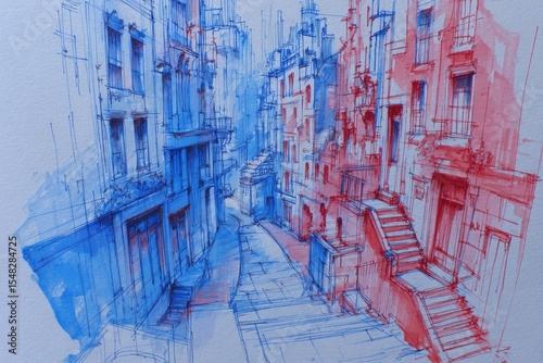 City Street Sketch in Blue and Red Tones