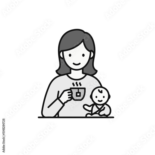 A mother enjoying a warm beverage while spending quality time with her baby.
