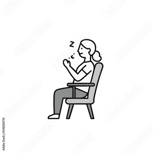 A cartoon image of a woman with short hair sitting on a chair with closed eyes and snoring.